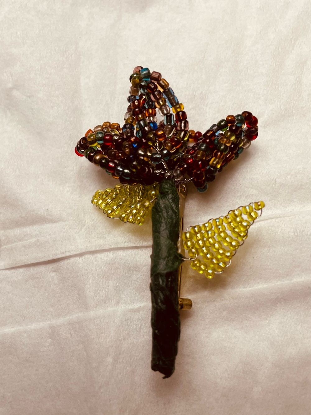 Beaded Floral Brooch in Purple Flower and Yellow Leaves.